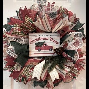 CHRISTMAS WREATH - RED truck Christmas Trees. Moss Buffalo Plaid, Hunter Green+